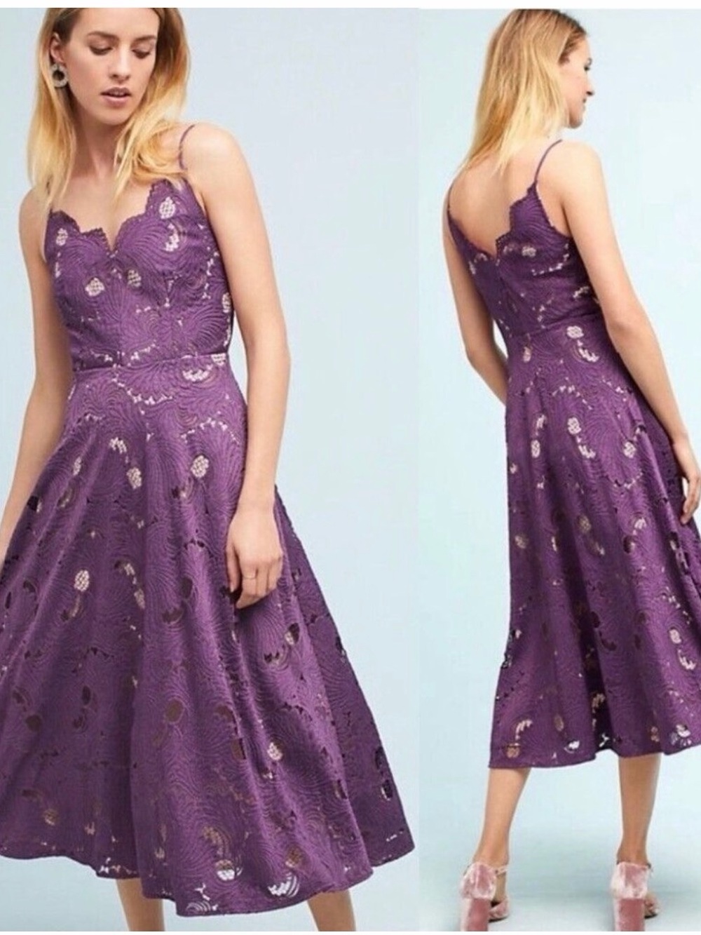 Moulinette Soeurs for Anthropologie Purple Floral Lace Midi Dress